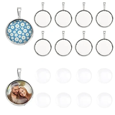 Abbildung von PandaHall 10 Stück 25mm Runde Transparent Klar Glas Cabochon Kuppel Fliesen mit Anhänger Tabletts Abdeckung Fotoanhanger Herstellung Antik Silber