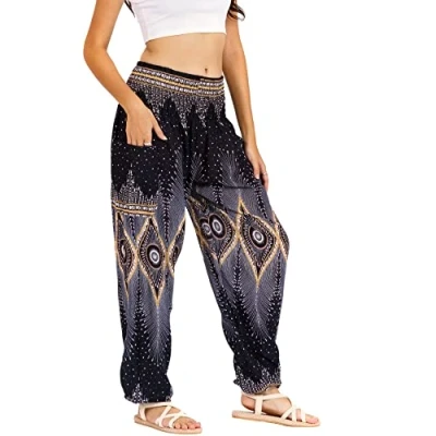 Abbildung von Lofbaz Damen Haremshose Yogahose Pumphose Hippie Hose Boho Kleidung Festival Outfit Sommerhose Leicht Sommer Hosen Floral 2 Schwarz L