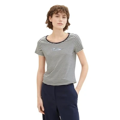 Abbildung von TOM TAILOR Damen Basic T Shirt mit Logo Print, 29220 Navy Stripes, L