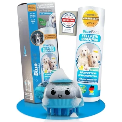 Abbildung von BluePet Hundeshampoo Sensitiv + Badebürste Set I Einmassieren von Shampoo &amp; anregende Massage Entferne Schmutz Loses Fell Inkl. 2X Aufsätze (Weich Fest) für alle Rassen Fellarten