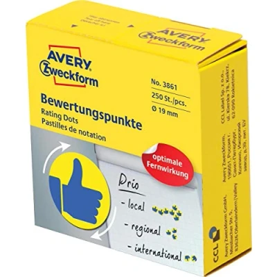 Abbildung von AVERY Zweckform selbstklebende Klebepunkte 250 Stück (flexible Bewertungspunkte auf Rolle im Spender, Ø 19mm, Aufkleber Daumen in Blau/Gelb, zum Abstimmen, Bewerten und Kennzeichnen) Art. 3861