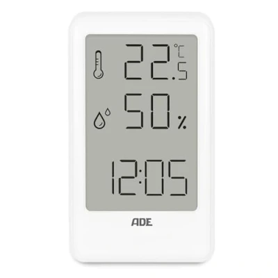 Abbildung von ADE Thermometer mit Luftfeuchtigkeitsmesser innen digitale Badezimmeruhr Temperatur Feuchtigkeitsmessgerät Uhrzeit Hygrometer für Büro, Kinderzimmer, Schlafzimmer, Bad Hochformat weiß