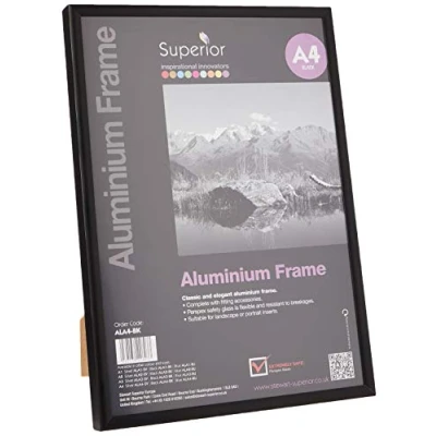 Abbildung von SECO A4 Bilderrahmen aus gebürstetem Aluminium mit Plexiglas Sicherheitsglas, magnetisch, perfekt für zu Hause/Büro, 18 mm Rahmenkante, schwarz