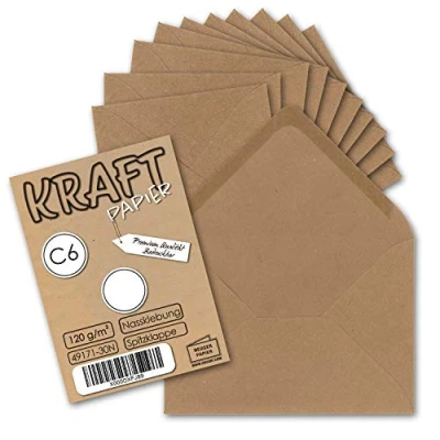 Abbildung von 75x Kraftpapier Umschläge DIN C6 Braun 11,4 x 16,2 cm ohne Fenster Vintage Briefumschläge mit Nassklebung Spitzklappe NEUSER PAPIER
