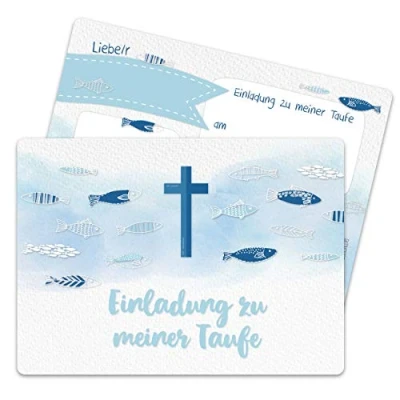 Abbildung von Papierdrachen 12 Einladungskarten zur Taufe Motiv Kreuz und Fische Einladung Heiligen für Mädchen Jungen hochwertig gedruckt in DIN A6