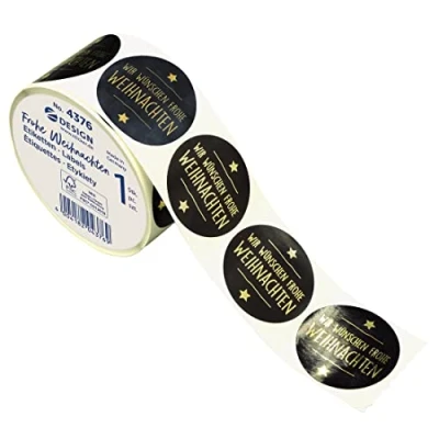 Abbildung von AVERY Zweckform 600 Aufkleber Frohe Weihnachten (Made in Germany, Ø38 mm, schwarze Geschenkaufkleber goldene Schrift, selbstklebende Geschenkdeko, Karten, Tüten, Gutscheine) Sticker auf Rolle, 4376