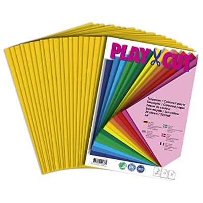 Abbildung von PLAY CUT Tonpapier A4 Sonnengelb (130g/m2) 20 Bogen Din Papier zum Basteln Drucken Dickes Bedruckbares Bastelpapier Set und Druckerpapier Premium Tonzeichenpapier &amp; Craft Paper