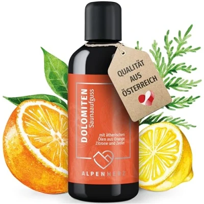 Abbildung von ALPENHERZ Saunaaufguss 100% naturrein 100ml mit ätherische Öle aus Orange, Zitrone &amp; Zedernholz Saunadüfte Aufgussmittel Saunaöl Sauna Zubehör Saunaduft Aufguss Geschenkset