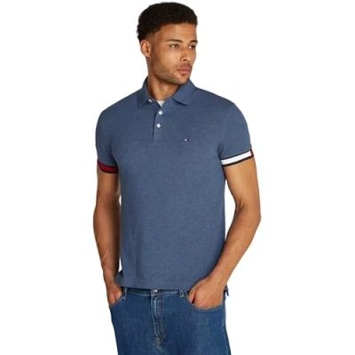 Abbildung von Tommy Hilfiger Herren Poloshirt Kurzarm Flag Cuff Slim Fit, Blau (Faded Indigo Heather), XL
