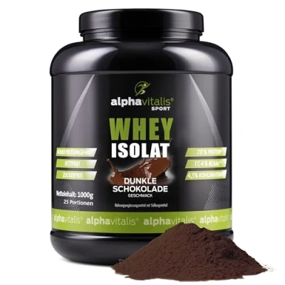 Abbildung von Whey Protein Pulver Isolate 1KG 78% Proteingehalt Eiweißpulver zuckerfrei &amp; fettfrei 100% ohne Aspartam oder Cyclamat WPI Muskelaufbau Shake in 7 Geschmäcker (Dark Chocolate))