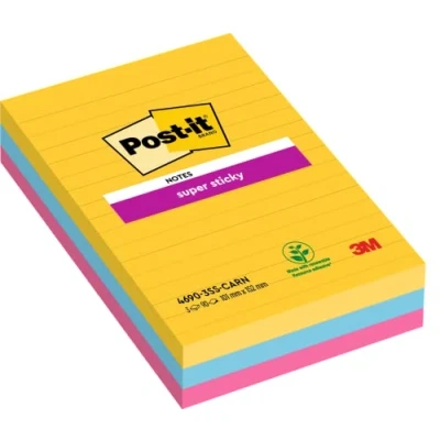 Abbildung von Post it Super Sticky Notes, Carnival Collection, liniert, 101mm x 152 mm, 3 Blöcke á 90 Blatt zum Vorteislpreis