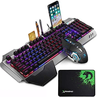 Abbildung von LexonElec Gaming Tastatur und Mäusesets K618 Kabelgebundene RGB LED Hintergrundbeleuchtung 104 Tasten Handauflage USB Gamer Metall + 2400 DPI Optische 6 PC Spiel Maus Mousepad
