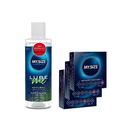 Abbildung von MY.SIZE Kondom + Gleitgel Set mit 100 ml Lube Me Natural &amp; 3x3 Kondome 60, 64, 69 mm I Wasserbasiertes Gleitmittel Lubricant Gel für Toys Latexkondome geeignet water based lubrication