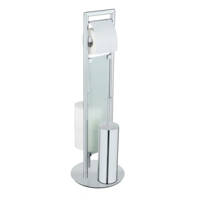 Abbildung von WENKO Edelstahl Stand WC Garnitur Mod. Sulmona, mit Toilettenpapier Halter und Ersatzrollen auf schwerer Bodenplatte für sicheren Stand, Bürste Silikon Bürstenkopf, Ø 25 x 76 cm