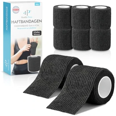 Abbildung von Selbstklebender Verband 8x Pflaster Rolle (5,0cm x 4,5m) Original Health Press Verbandsmaterial Elastische Bandage Haftbandage selbstklebend Schwarz