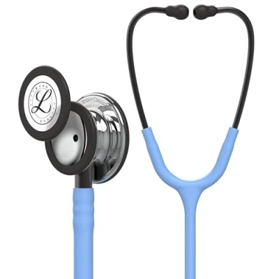 Abbildung von 3M Littmann Classic III Stethoskop zur Überwachung, 5959, hochglanzpoliertes Bruststück, hellblauer Schlauch, Schlauchanschluss und Ohrbügel in Rauchfarben, 69 cm