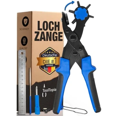 Abbildung von Lochzange für Leder [KOMPLETTSET], Locheisen Lochstanzer als Werkzeug, Papier, Gürtel Locher, oder Lochstanze Stoff, Biothane, Kunstleder etc. Hole Puncher mit Komforthebel