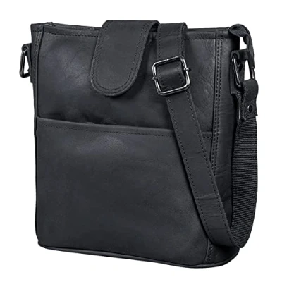 Abbildung von LEABAGS Leder Handtasche Damen I Premium Echtleder Umhängetasche Schultertasche Damentasche Tragetasche für Arbeit Uni Schule Freizeit Größe M (24 x 23 6 cm) Nature Schwarz