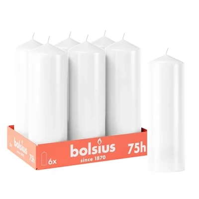 Abbildung von Bolsius Glatte Stumpenkerzen Weiß 6 Stück 20 x 7 cm Dekorative Haushaltkerzen Brenndauer 75 Stunden Unparfümierte Enthält Natürliches Pflanzenwachs Ohne Palmöl