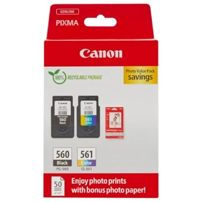 Abbildung von Canon Tinte &amp; Papier Multipack PG 560/CL 561 Original Drucker Tintenpatronen 2er Pack (1 x Schwarz, 1 Farbe) 4x6 Fotopapier (50 Blatt) Kompatibel PIXMA Druckern