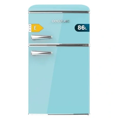Abbildung von Cecotec Kleiner Kühlschrank 2 türiger Retro 86L Bolero CoolMarket 2D Origin 86 Blue E. 89,3 cm Höhe und 48,7 Breite, Energieklasse E, Eisfach, Innenbeleuchtung Chromgriff, Blau