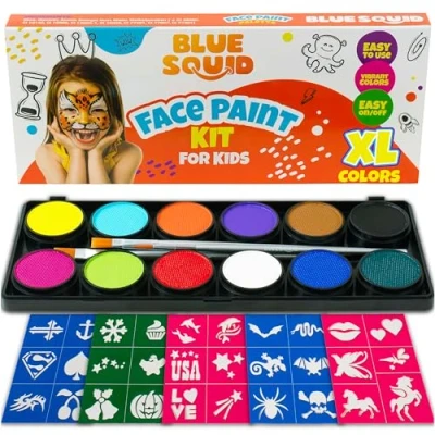 Abbildung von Blue Squid Kinderschminke Set Große 12, 30+3 Schablonen für Gesichtsbemalung, 120ml Körperfarben in Profiqualität, Pinsel, Anleitung, sichere Gesichtsfarbe empfindliche Haut, Halloween Schminke