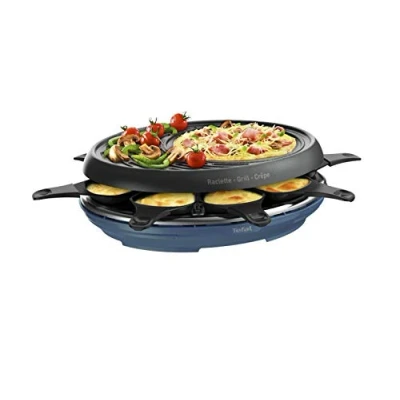 Abbildung von Tefal Colormania Raclette 3 in 1 Raclettegerät für Grill und Pfannkuchen, Antihaftbeschichtung, Easy Plus, 8 Schalen, spülmaschinenfest, 1050 W, Stahlblau RE310401