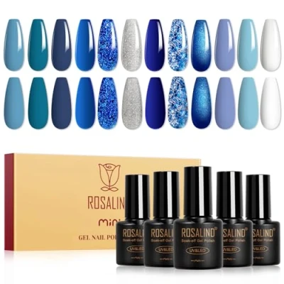 Abbildung von ROSALIND UV Nagellack Blau,12 Farben Himmelblauer Ozean Kobaltblau Marineblau Dunkelblau Glitzer Farbgel Gelnägel Shellac Blauer Soak Off LED Gel lack Weiß Silber Maniküre Geschenkset