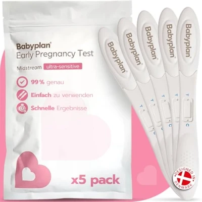 Abbildung von 5 x Schwangerschaftstest Frühtest Babyplan (HCG), Hygienischer 10 mIU ml (hochempfindlich) für Babyplanung (99,6% Genauigkeit) Sehr langer, breiter und leicht verwendbarer