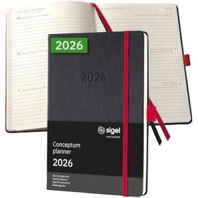 Abbildung von SIGEL C2608 Wochenplaner Wochenkalender 2026, ca. A5, schwarz, rot, Hardcover, 192 Seiten, Gummiband, Stiftschlaufe, Archivtasche, aus nachhaltigem Papier, Kalenderbuch Conceptum