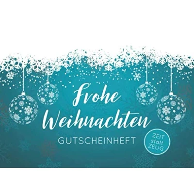 Abbildung von Frohe Weihnachten Gutscheinheft.: Kleines Gutscheinbuch zu mit 12 vollfarbigen Blanko Gutscheinen zum selber Ausfüllen. Weiße Schneeflocken / Schneekristalle auf türkis petrol