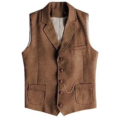 Abbildung von Tuikayoo Herren Western Herringbone Tweed Anzug Weste Wolle Slim Fit (Braun,S)