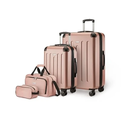 Abbildung von Amazon Basics Hartschalenkoffer Set, 4 teilig, Großer Koffer, Handgepäckkoffer, Tragetasche, Kompakte Reisetasche, Erweiterbar, Spinner Räder, Roségold