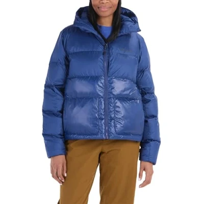 Abbildung von Marmot Women&#039;s Guides down Hoody, Lightweight jacket, warm winter puffy, water repellent quilted coat, windproof functional packable outdoor jacket with hood, Twilight Blue, L