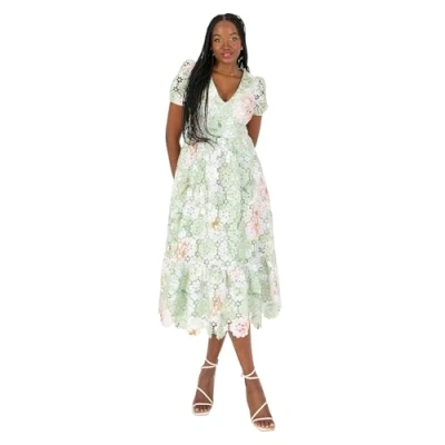 Abbildung von Maya Deluxe Women&#039;s Midi Dress Ladies V Neck Short Puff Sleeve Printed Floral Lace A line Wedding Guest Prom Occasion Ball Gown, Salbeigrün 42