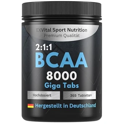 Abbildung von BCAA 8000 Giga Tabs 365 vegane Tabletten, hochdosiert mit 8000mg pro Tag im optimalen Verhältnis 2:1:1 Aminosäuren Komplex aus Leucin, Isoleucin &amp; Valin laborgeprüft