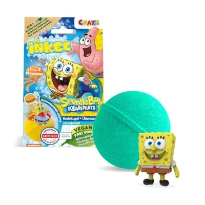 Abbildung von INKEE SpongeBob Badebombe Kinder mit Überraschung Schwammkopf Figuren zum Sammeln Badekugel 80g Burgergummi Aroma und Jojobaöl, Türkis oder Gelb