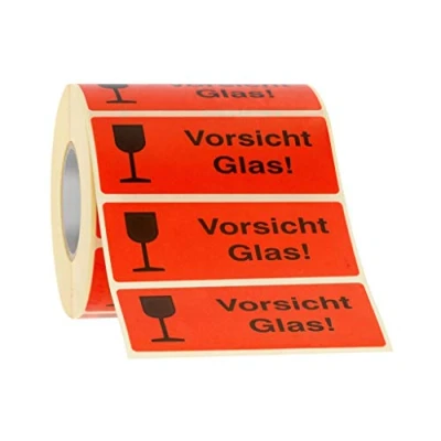 Abbildung von Etiketten Aufkleber Vorsicht Glas rot 1000 Stück 90x35mm Warnetikett auf Rolle 593101