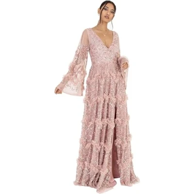 Abbildung von Maya Deluxe Damen Ladies Womens Maxi V Neckline Sequin With Ruffle Empire Waist Slit Split For Prom Ball Bridesm Dress, Frosted Pink, 38 EU