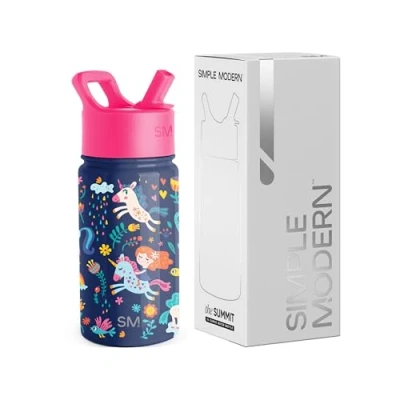 Abbildung von SIMPLE MODERN Trinkflasche für Kinder mit Trinkhalm Isolierter wiederverwendbarer Edelstahlbecher Jungen und Mädchen Kleinkind Summit Sammlung 415ml Unicorn Rainbows