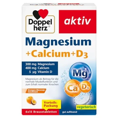 Abbildung von Doppelherz Magnesium + Calcium D3 als Beitrag für die normale Muskelfunktion und zum Erhalt normaler Knochen 6 x 15 gut auflösende Brausetabletten mit Orangen Maracuja Geschmack