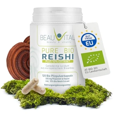 Abbildung von Pure Bio Reishi Kapseln mit 10% Extrakt 120 Stück je 500mg Pulver aus Pilz EU Landwirtschaft, vegan, ohne künstliche Zusatzstoffe