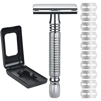 Abbildung von URAQT Rasierhobel Herren, 2 Seitigem Klingenkopf Safety Razor, Edelstahl Nassrasierer, Vintage Hochwertiger Mit 10 Rasierklingen, Reise Etui und Eingebautem Spiegel (Silber)
