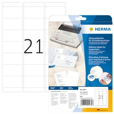 Abbildung von HERMA 4431 Adressetiketten für Schreibmaschinen, 20 Blatt, 67 x 38 mm, 21 pro A4 Bogen, 420 Stück, selbstklebend, bedruckbar, matt, blanko Papier Klebeetiketten Adressaufkleber Etiketten, weiß