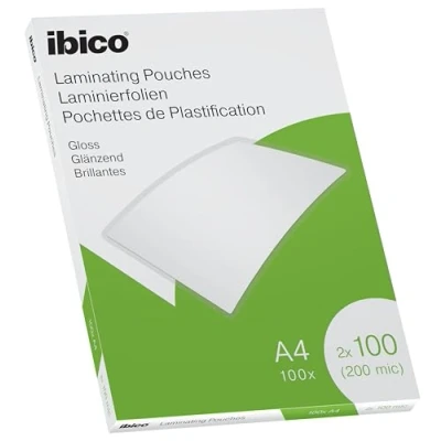 Abbildung von Ibico Laminierfolien A4 200 Mikron (2 x 100 mic), Stück, Glänzende Heißlaminierfolien, Abgerundete Ecken, Ideal für Büro oder Schule, Transparent, Kristallklar, 627317