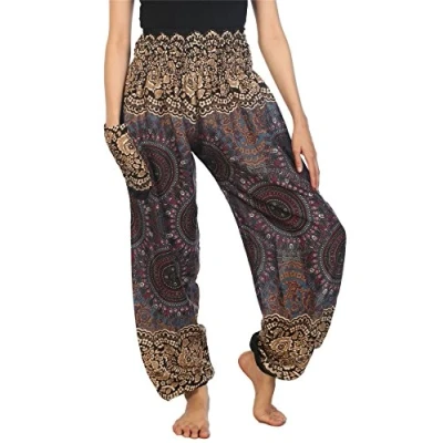 Abbildung von Lofbaz Damen Haremshose mit gesmoktem Boho Hosen Rose 2 Grau Size S