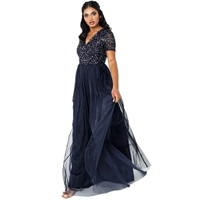Abbildung von Maya Deluxe Abendkleid mit Pailletten Cocktailkleid Damen V Ausschnitt Tüllkleid Marine Größe 40