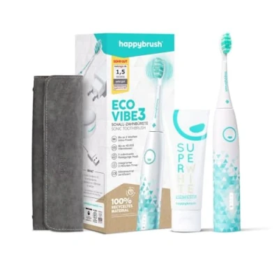 Abbildung von happybrush [Testsieger*] Elektrische Schallzahnbürste ECO VIBE 3 Zahnbürste mit 6 Wochen Power Akku inkl. Reiseetui und Zahnpasta SuperWhite Weiß/Mint