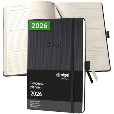 Abbildung von SIGEL C2612 Wochenplaner Wochenkalender 2026, ca. A5, schwarz, Hardcover, 192 Seiten, Gummiband, Stiftschlaufe, Archivtasche, aus nachhaltigem Papier, Kalenderbuch Conceptum