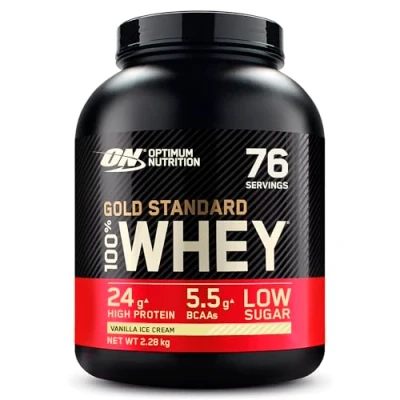 Abbildung von Optimum Nutrition Gold Standard 100% Molkenproteinpulver für Muskelaufbau und regeneration mit natürlich vorkommendem Glutamin BCAA Aminosäuren, Vanilla Ice Cream, 73 Portionen, 2,28 kg